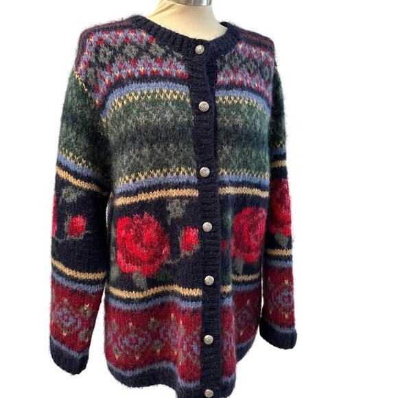 Vintage Sweaters - Vintage Ladies Cardigan Button Down Mohair Sweater Roses Size XL Vtg Cottagecore